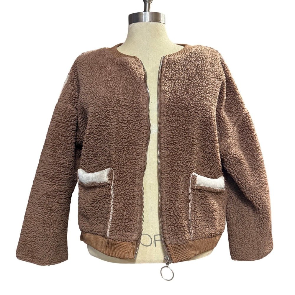 Sherpa M Fleece Zip Up Jacket Brown Gorpcore Cozy Teddy Bomber Winter Fall Soft